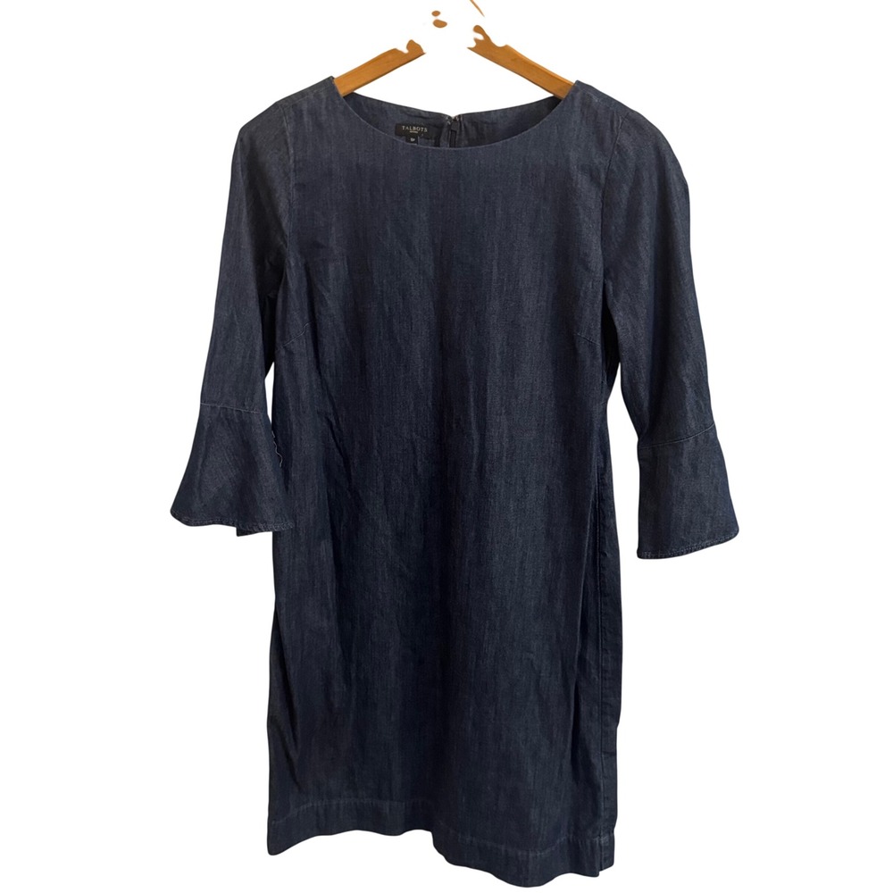 Talbots Petites Denim Shift Dress 8P Dark Wash Bell Sleeve Cotton Indigo Mini